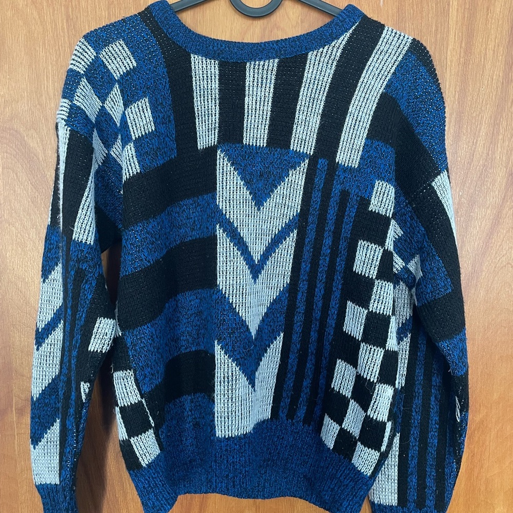 Funky retro vintage hand knit 80s sweater with checkerboard, stripes, and more!